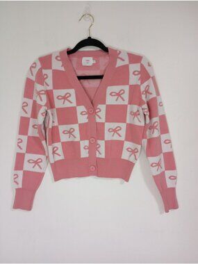 Anthropologie Luna Ivy Checkered Bow Knit Cardigan Sweater Size S Pink & White